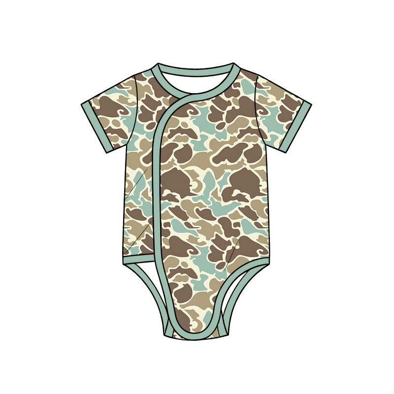 Preorder (moq 5) Baby Boy Clothes Sage Green Retro Duck Camo Print Short Sleeve Side Snap Bodysuit