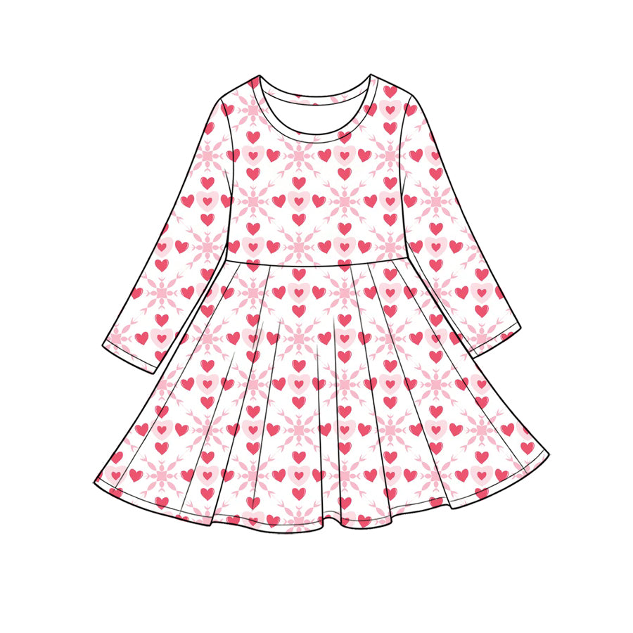 Preorder (moq 5) Baby Girl Clothes Pastel Heart Floral Damask Allover Print Long Sleeve Twirl Dress