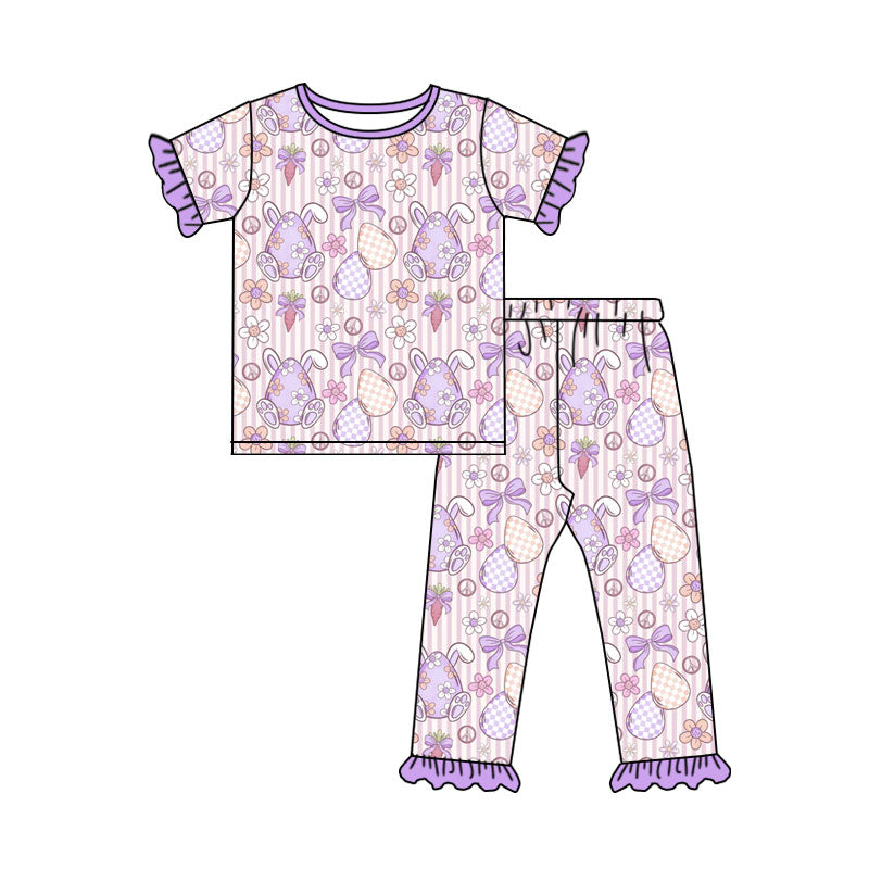 Preorder (moq 5) Baby Girl Clothes Easter Bunny Egg Bow Stripe Print Short Sleeve Ruffle Top Ruffle Long Pant Outfit Set