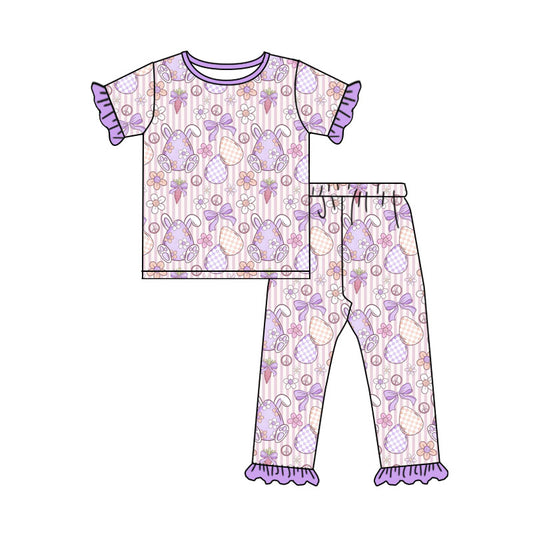 Preorder (moq 5) Baby Girl Clothes Easter Bunny Egg Bow Stripe Print Short Sleeve Ruffle Top Ruffle Long Pant Outfit Set