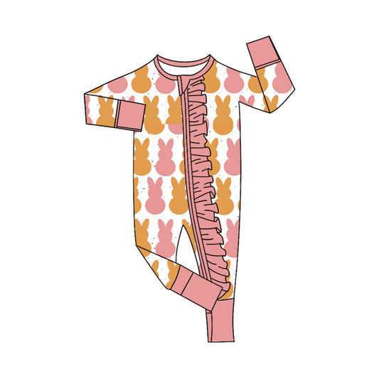 Preorder (moq 5) Baby Girl Clothes Easter Boho Bunny Silhouette Print Long Sleeve Ruffle Zipper Romper