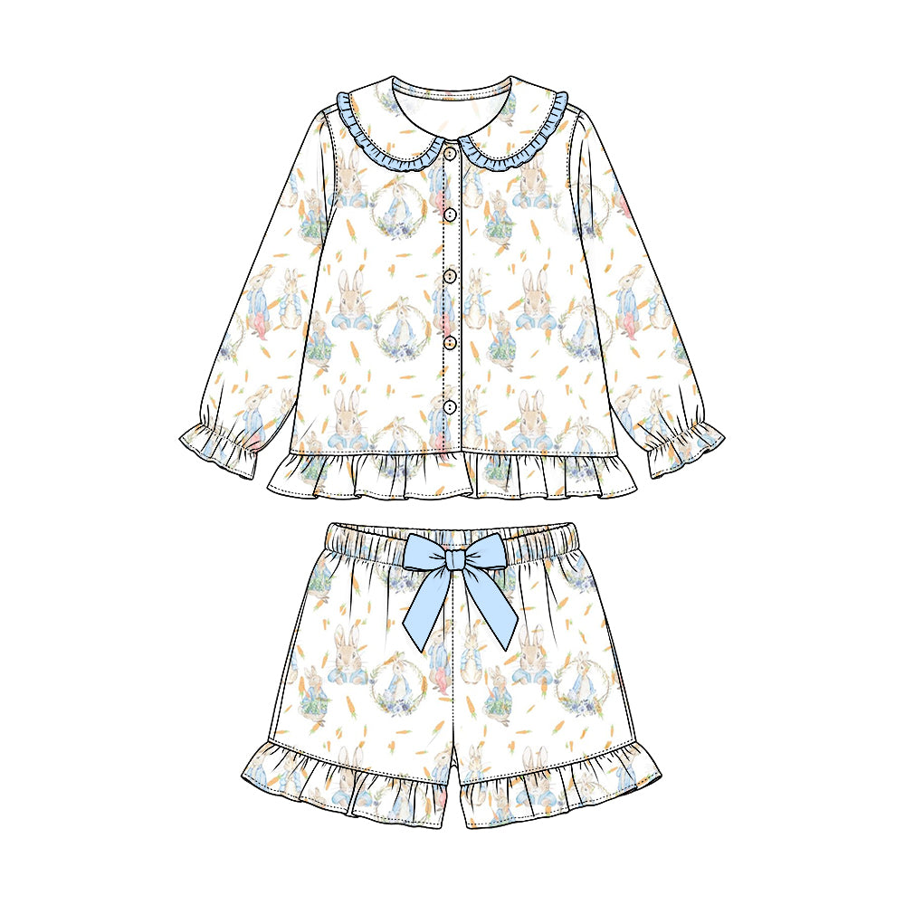 Preorder (moq 5) Baby Girl Clothes Wreath Bunny Carrot Allover Print Long Sleeve Ruffle Collar Short Pajama Set