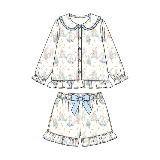 Preorder (moq 5) Baby Girl Clothes Wreath Bunny Carrot Allover Print Long Sleeve Ruffle Collar Short Pajama Set