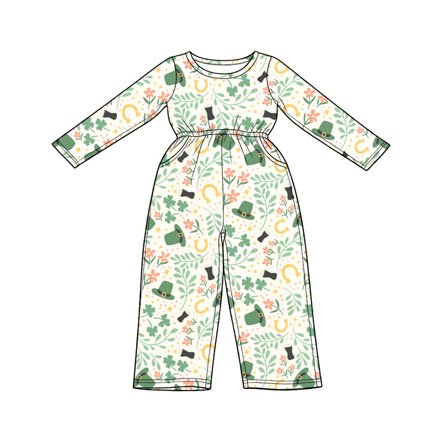 Preorder (moq 5) Baby Girl Clothes St Patrick Clover Floral Print Long Sleeve Elastic Waist Jumpsuit