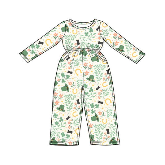 Preorder (moq 5) Baby Girl Clothes St Patrick Clover Floral Print Long Sleeve Elastic Waist Jumpsuit