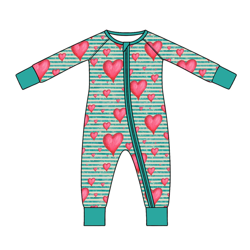 Preorder (moq 5) Baby Clothes Watercolor Red Heart Striped Long Sleeve Zipper Romper