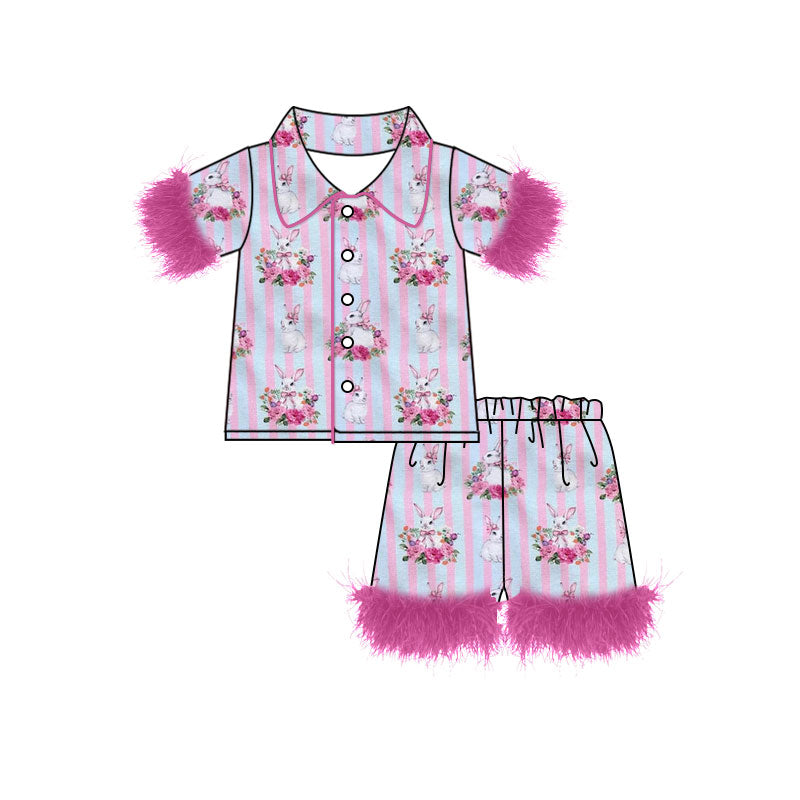 Preorder (moq 5) Baby Girl Clothes Easter Bunny Floral Pink Blue Stripe Print Feather Trim Short Sleeve Pajama Set