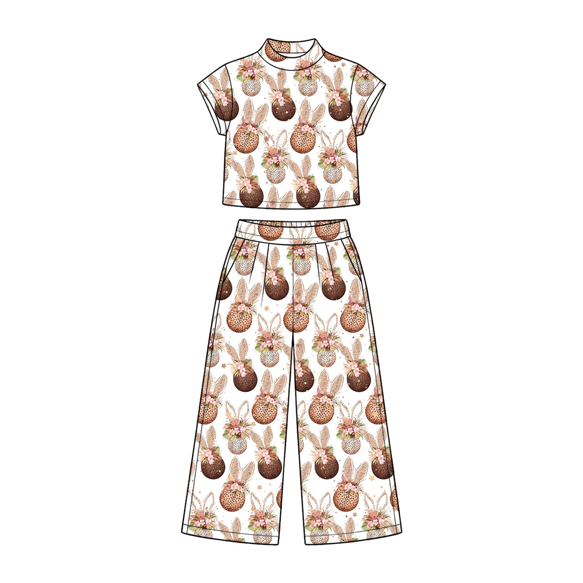 Preorder (moq 5) Baby Girl Clothes Easter Floral Glitter Easter Egg Bunny Print Short Sleeve Wide Leg Pant Set