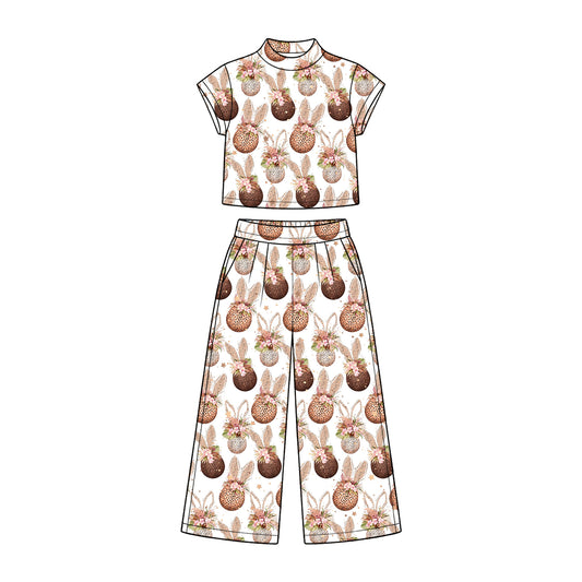Preorder (moq 5) Baby Girl Clothes Easter Floral Glitter Easter Egg Bunny Print Short Sleeve Wide Leg Pant Set