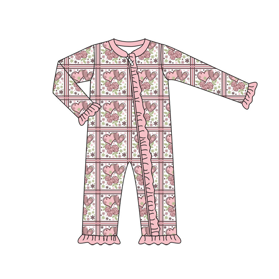 Preorder (moq 5) Baby Girl Clothes Valentine Heart Rose Plaid Mixed Print Long Sleeve Zipper Ruffle Romper