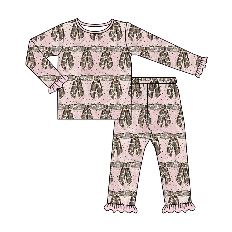 Preorder (moq 5) Baby Girl Clothes Leopard Bow Allover Print Long Sleeve Ruffle Pajama Set
