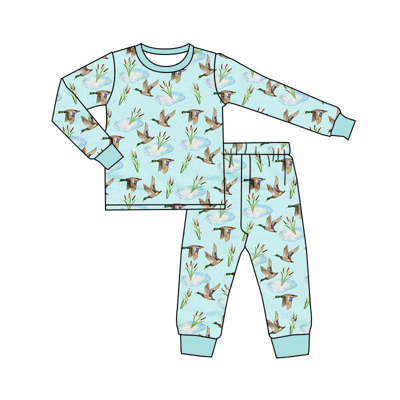 Preorder (moq 5) Baby Boy Clothes Light Blue Flying Duck Watercolor Print Long Sleeve Jogger Pant Set