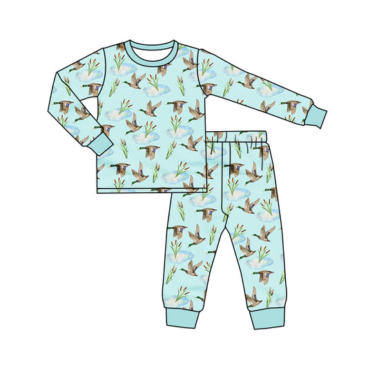 Preorder (moq 5) Baby Boy Clothes Light Blue Flying Duck Watercolor Print Long Sleeve Jogger Pant Set