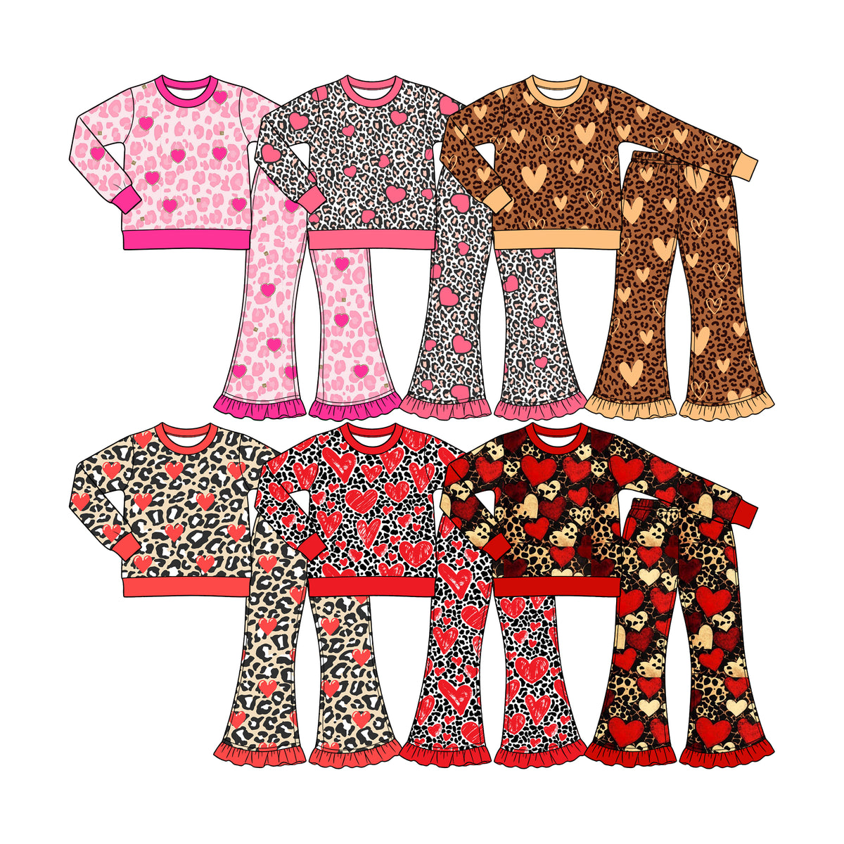Preorder (moq 5) Baby Girl Clothes Valentine Black Leopard Red Hand Drawn Heart Print Long Sleeve Ruffle Flare Pant Set