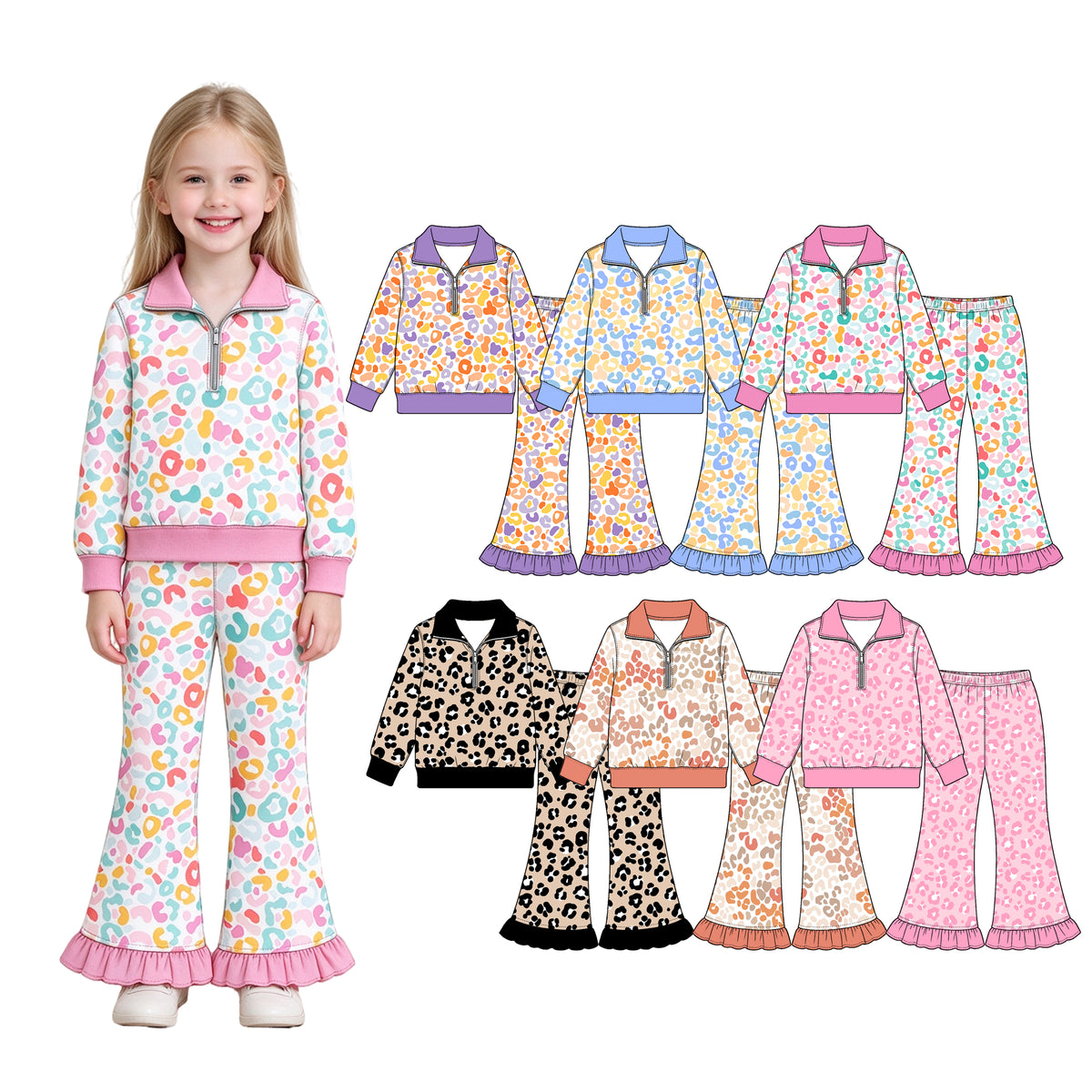 Preorder (moq 5) Baby Girl Clothes Blue Trim Pastel Leopard Print Long Sleeve Half Zip Top Ruffle Flare Pant Set