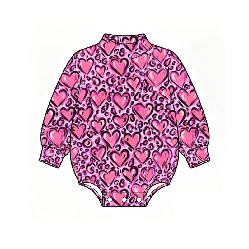Preorder (moq 5) Baby Girl Clothes Valentine Pink Leopard Heart Print Long Sleeve Bubble Romper