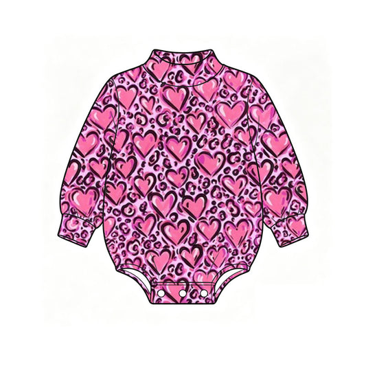 Preorder (moq 5) Baby Girl Clothes Valentine Pink Leopard Heart Print Long Sleeve Bubble Romper