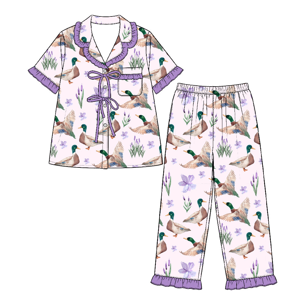 Preorder (moq 5) Baby Girl Clothes Mallard Duck Purple Floral Print Short Sleeve Ruffle Pajama Set