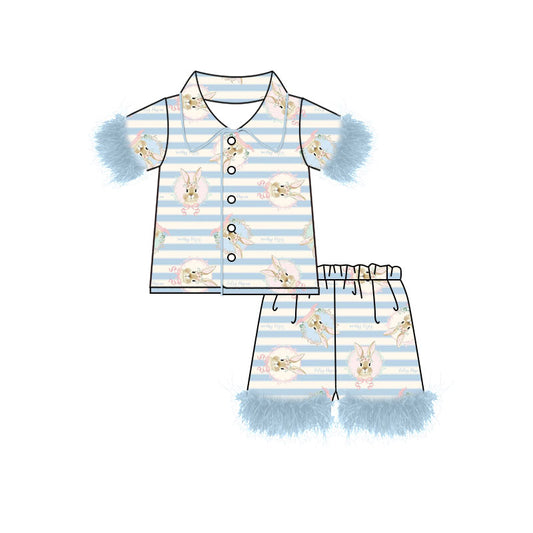 Preorder (moq 5) Baby Girl Clothes Easter Bunny Blue White Stripe Print Feather Trim Short Sleeve Pajama Set
