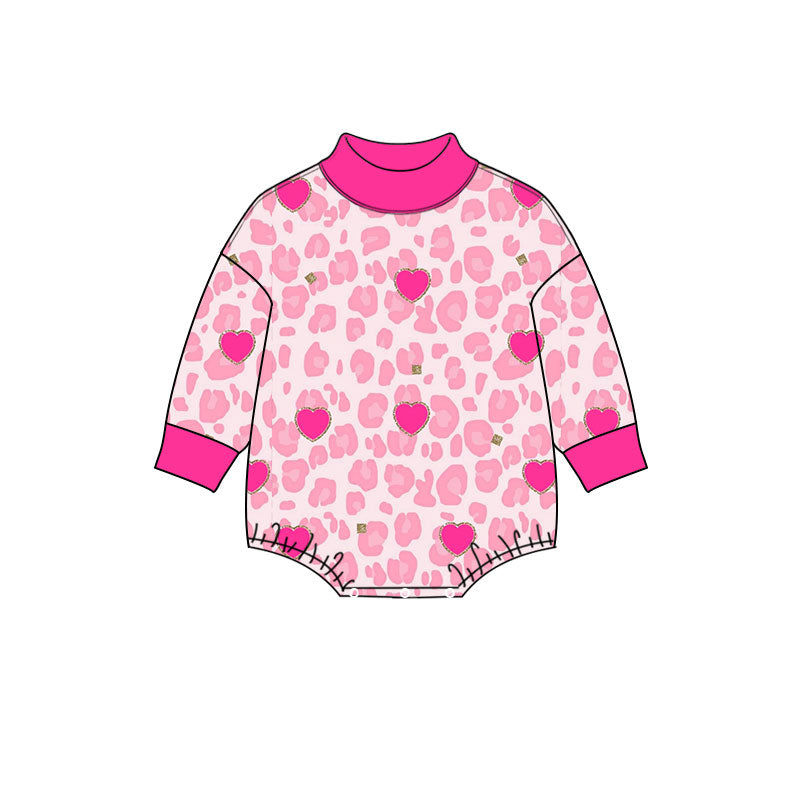 Preorder (moq 5) Baby Girl Clothes Valentine Pink Leopard Heart Allover Print Long Sleeve Turtleneck Bodysuit