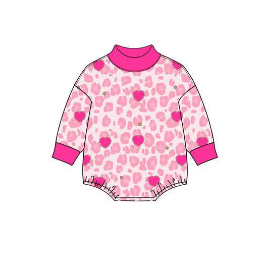 Preorder (moq 5) Baby Girl Clothes Valentine Pink Leopard Heart Allover Print Long Sleeve Turtleneck Bodysuit