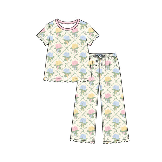 Preorder (moq 5) Baby Girl Clothes Multicolor Hydrangea Bow Lattice Mixed Print Short Sleeve Pajama Pant Set