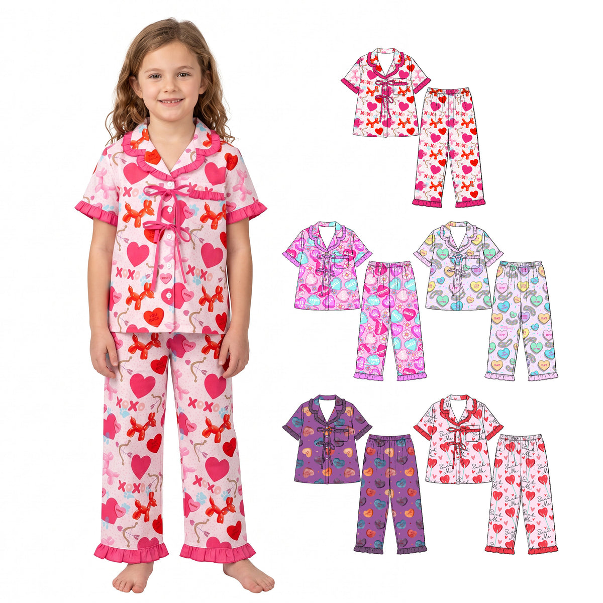 Preorder (moq 5) Baby Girl Clothes Valentine Sweet Heart Daisy Mixed Print Short Sleeve Ruffle Pajama Set