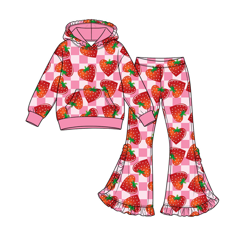 Preorder (moq 5) Baby Girl Clothes Strawberry Pink Checker Mixed Print Long Sleeve Hoodie Flare Pant Set