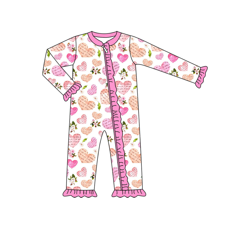 Preorder (moq 5) Baby Girl Clothes Valentine Vintage Script Heart Floral Mixed Print Long Sleeve Zipper Ruffle Romper
