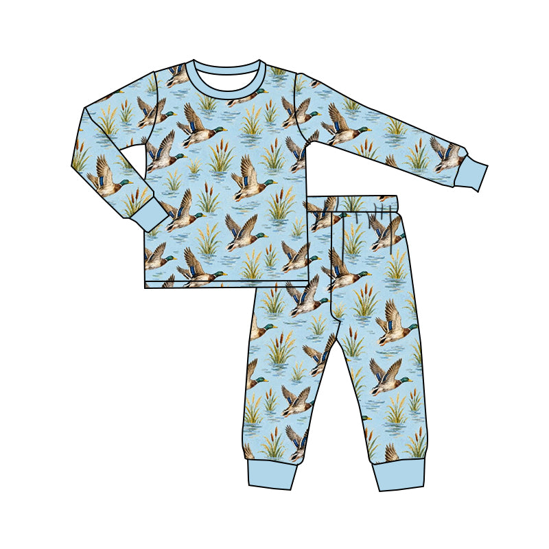 Preorder (moq 5) Baby Boy Clothes Sky Blue Mallard Duck Reeds Print Long Sleeve Jogger Pant Set