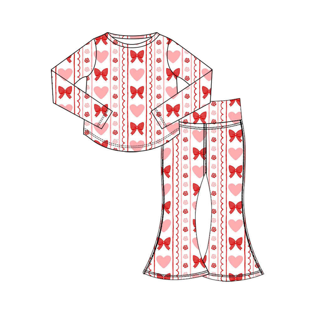 Preorder (moq 5) Baby Girl Clothes Valentines Stripe Heart Bow Print Long Sleeve Flare Pant Set