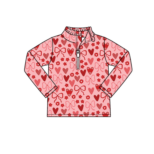 Preorder (moq 5) Baby Girl Clothes Pink Bow & Heart Print Long Sleeve Half Zip Top