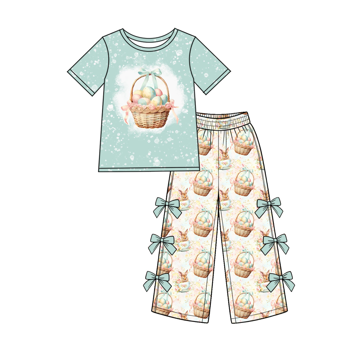 Preorder (moq 5) Baby Girl Clothes Easter Egg Basket Bunny Mixed Print Short Sleeve Bow Wide Leg Pant Set