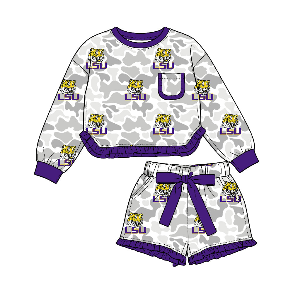 Preorder (moq 5) LSU Baby Girl Clothes Grey Camo Logo Print Long Sleeve Ruffle Top Ruffle Shorts Outfit Set