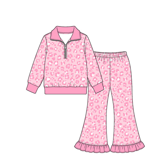 Preorder (moq 5) Baby Girl Clothes Pink Trim Light Pink Leopard Print Long Sleeve Half Zip Top Ruffle Flare Pant Set