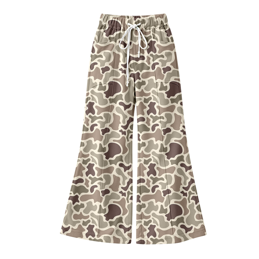 Preorder (moq 5) Women Clothes Earth Tone Cow Camo Allover Print High Waist Drawstring Flare Pants