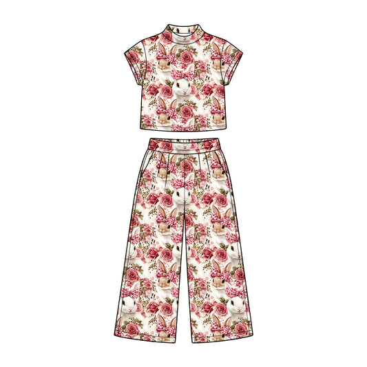 Preorder (moq 5) Baby Girl Clothes Easter Vintage Rose Floral White Bunny Print Short Sleeve Wide Leg Pant Set