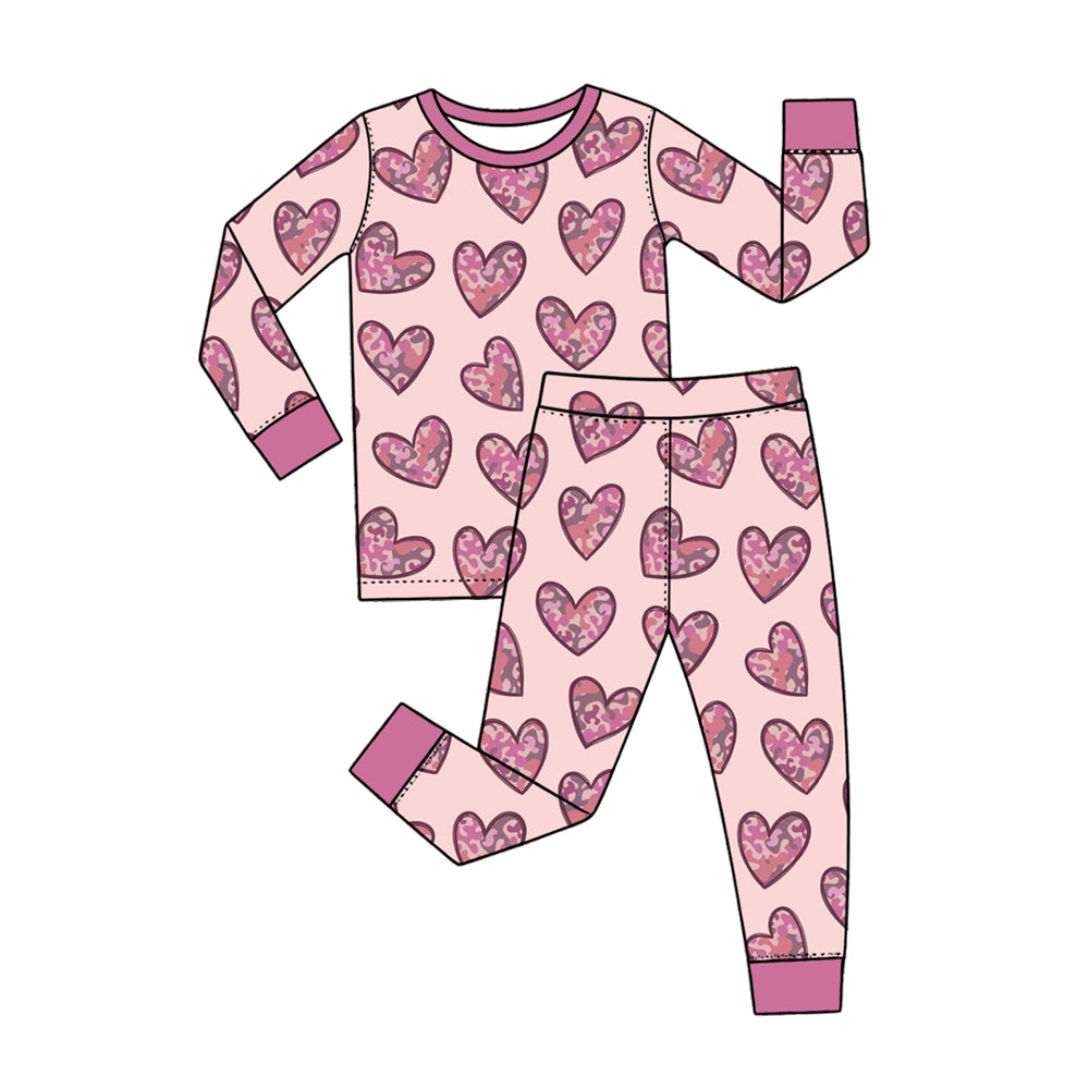 Preorder (moq 5) Baby Girl Clothes Leopard Heart Pink Base Mixed Print Long Sleeve Pajama Pant Set