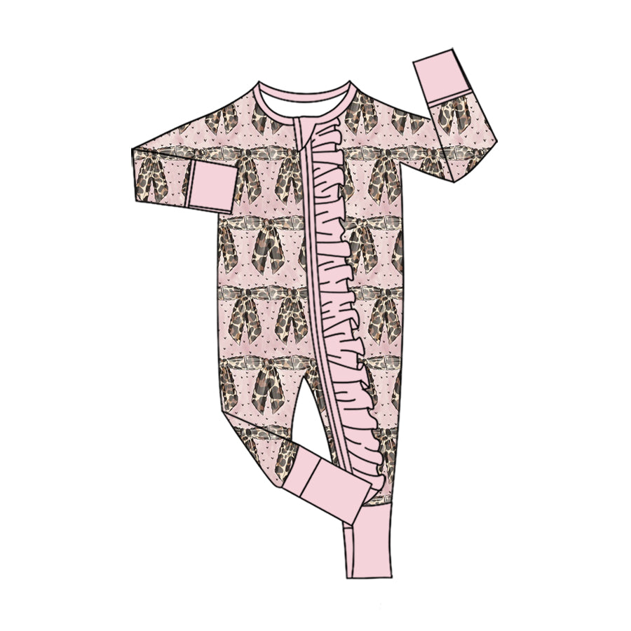 Preorder (moq 5) Baby Girl Clothes Pink Leopard Bow Heart Allover Print Long Sleeve Ruffle Zipper Jumpsuit