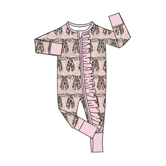 Preorder (moq 5) Baby Girl Clothes Pink Leopard Bow Heart Allover Print Long Sleeve Ruffle Zipper Jumpsuit