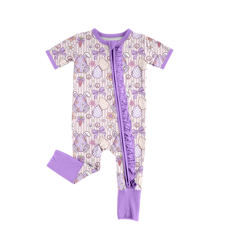 Preorder (moq 5) Baby Girl Clothes Easter Bunny Egg Bow Stripe Print Short Sleeve Zipper Ruffle Baby Jumpsuit