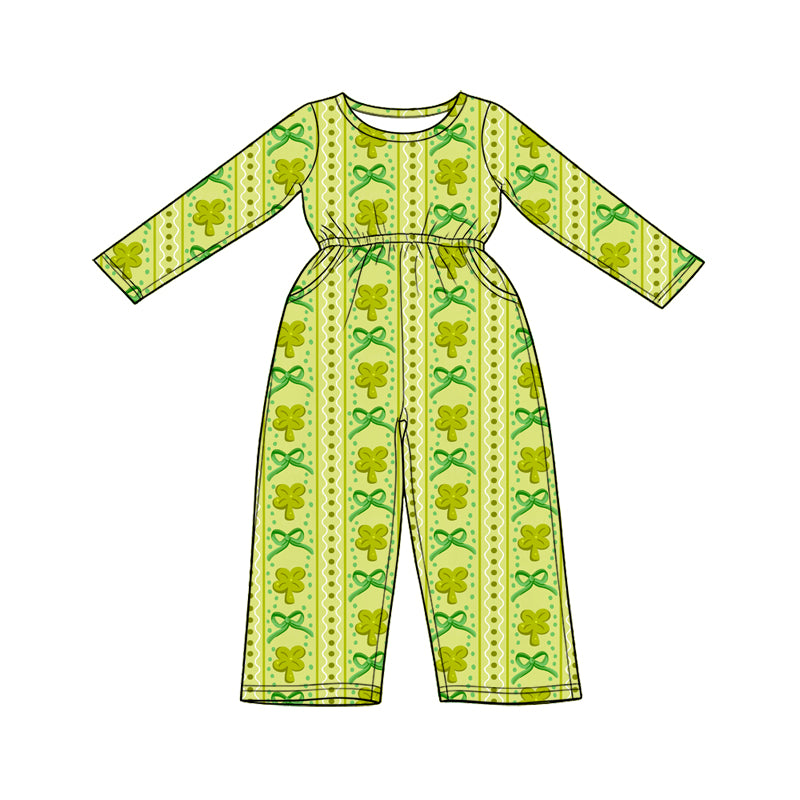 Preorder (moq 5) Baby Girl Clothes St Patricks Day Dotted Clover Bow Vertical Print Long Sleeve Waist Jumpsuit