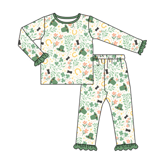 Preorder (moq 5) Baby Girl Clothes St Patrick Clover Floral Print Long Sleeve Ruffle Cuff Pajama Set