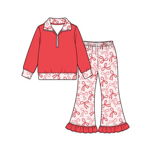 Preorder (moq 5) Baby Girl Clothes Red Bow Striped Print Long Sleeve Half Zip Top Ruffle Flare Pant Set