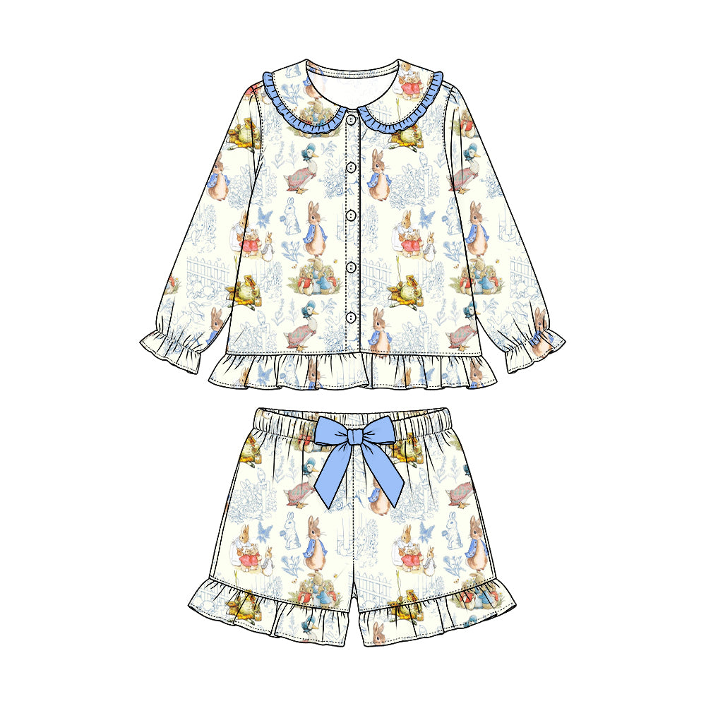 Preorder (moq 5) Baby Girl Clothes Bunny Duck Farm Animal Vintage Print Long Sleeve Ruffle Collar Short Pajama Set