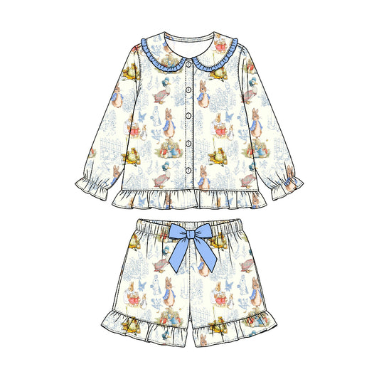 Preorder (moq 5) Baby Girl Clothes Bunny Duck Farm Animal Vintage Print Long Sleeve Ruffle Collar Short Pajama Set