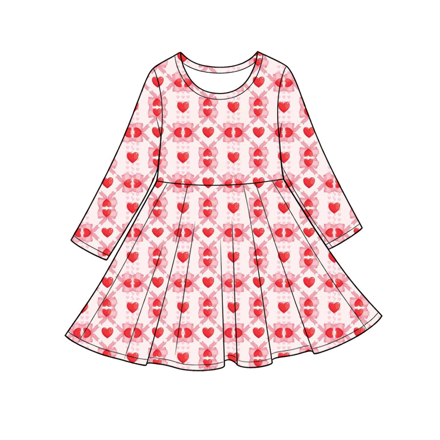 Preorder (moq 5) Baby Girl Clothes Red Heart Bow Checker Mixed Print Long Sleeve Twirl Dress