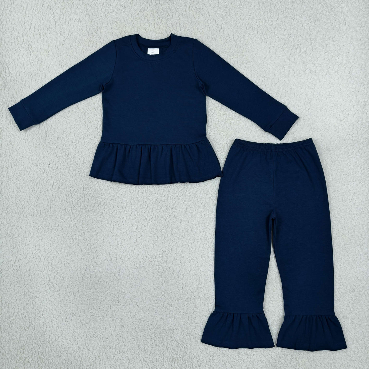 NO MOQ RTS GLP3750 (2) Baby Girl Clothes Solid Navy Ruffle Hem Long Sleeve Top Flare Pant Set 202610