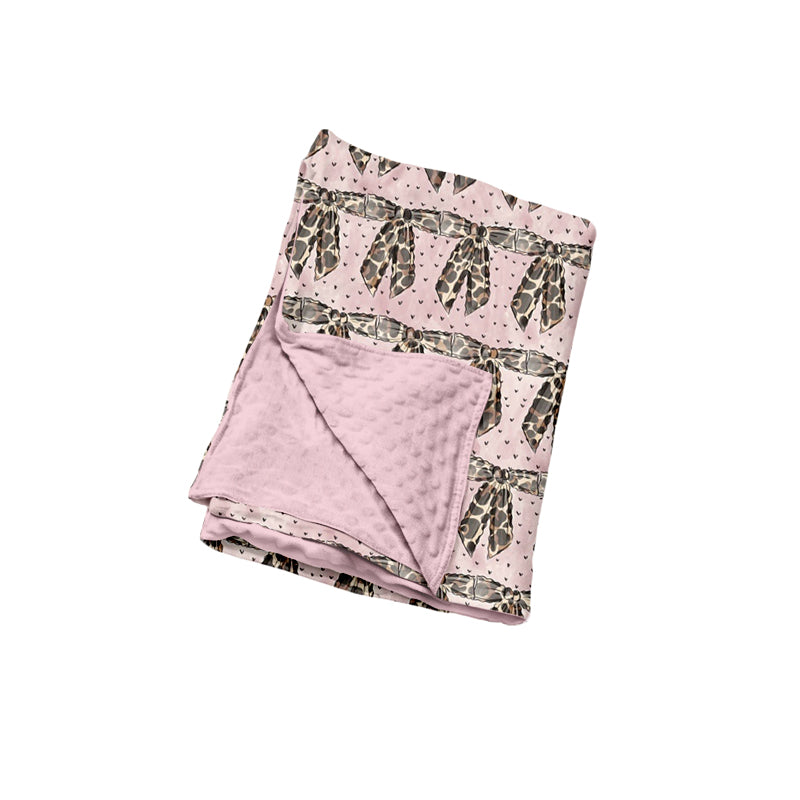 Preorder (moq 5) Baby Girl Pink Leopard Bow Heart Allover Print Minky Dot Back Baby Swaddle Blanket