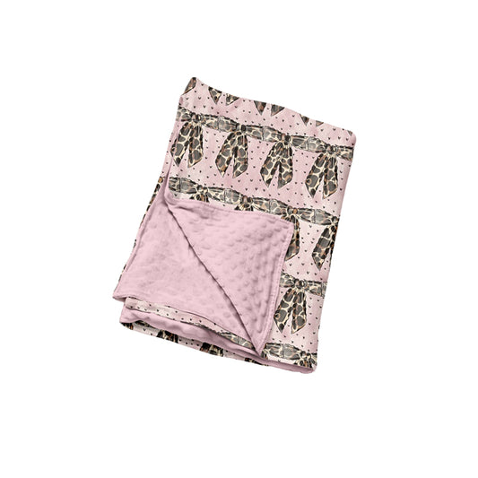 Preorder (moq 5) Baby Girl Pink Leopard Bow Heart Allover Print Minky Dot Back Baby Swaddle Blanket